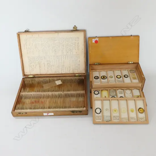 2 WOODEN BOXES OF MICROSCOPIC SLIDES